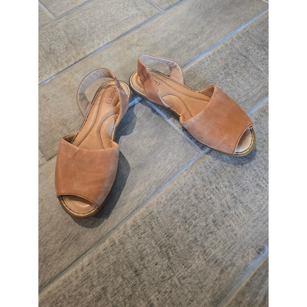 Born Womens Trang Slingback Tan Leather Peep Toe Flat Sandals Size 7